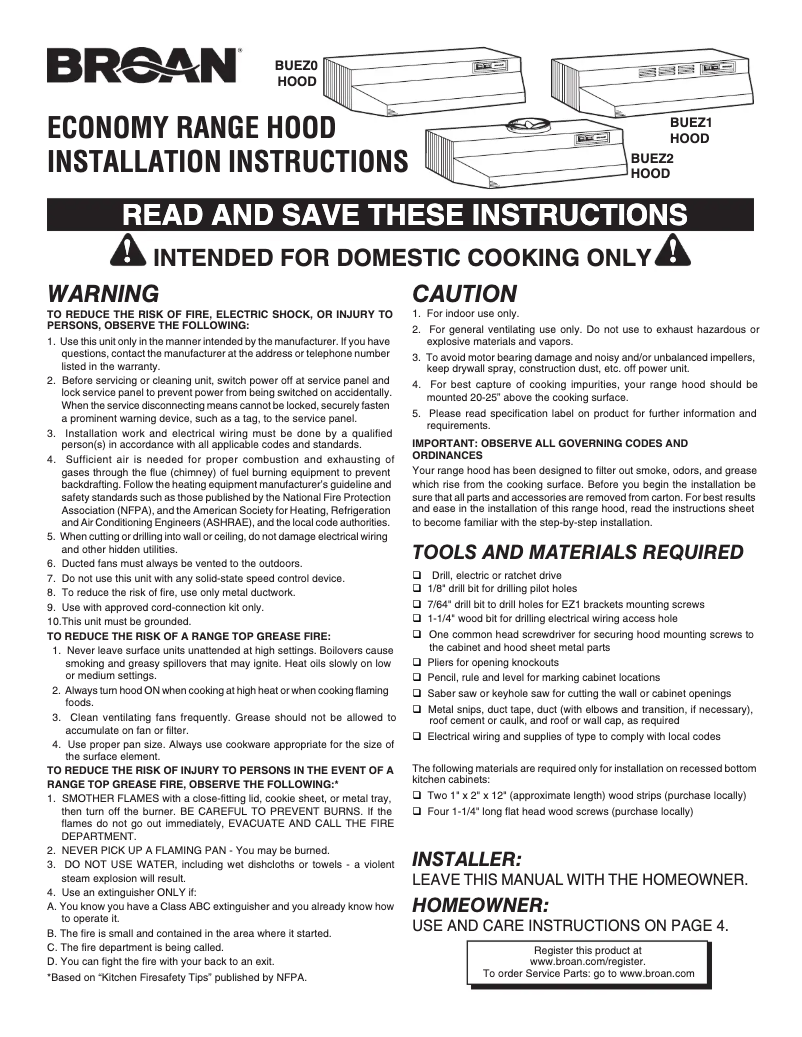 Página 1 del manual Guía de instalación Broan BUEZ036WW