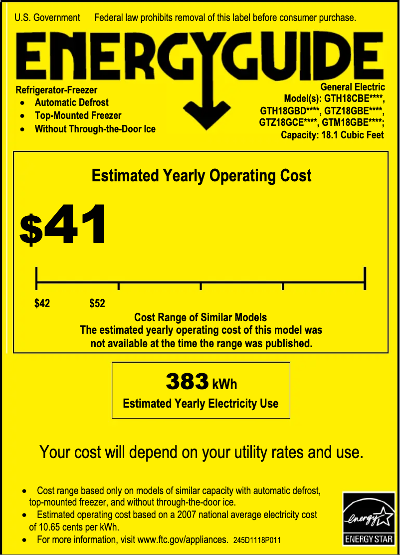 Page 1 de la notice Label énergétique GE GTH18GBDCC