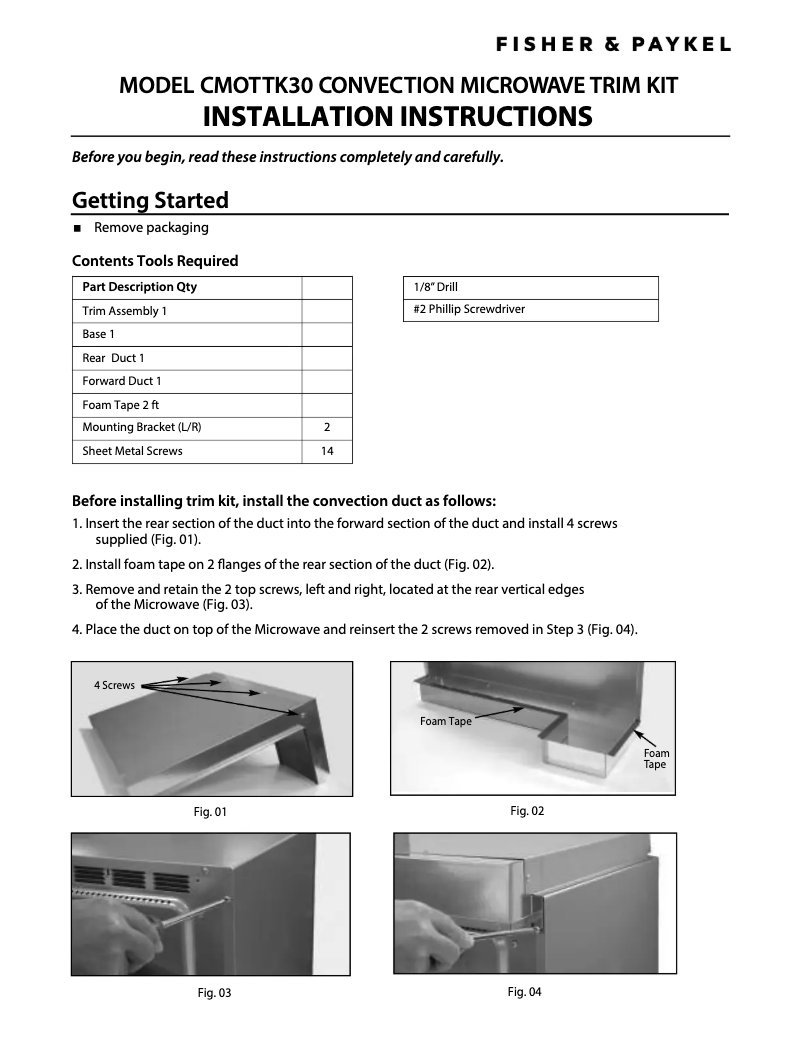 Page 1 de la notice Guide d'installation Fisher & Paykel CMOTTK-30-SS
