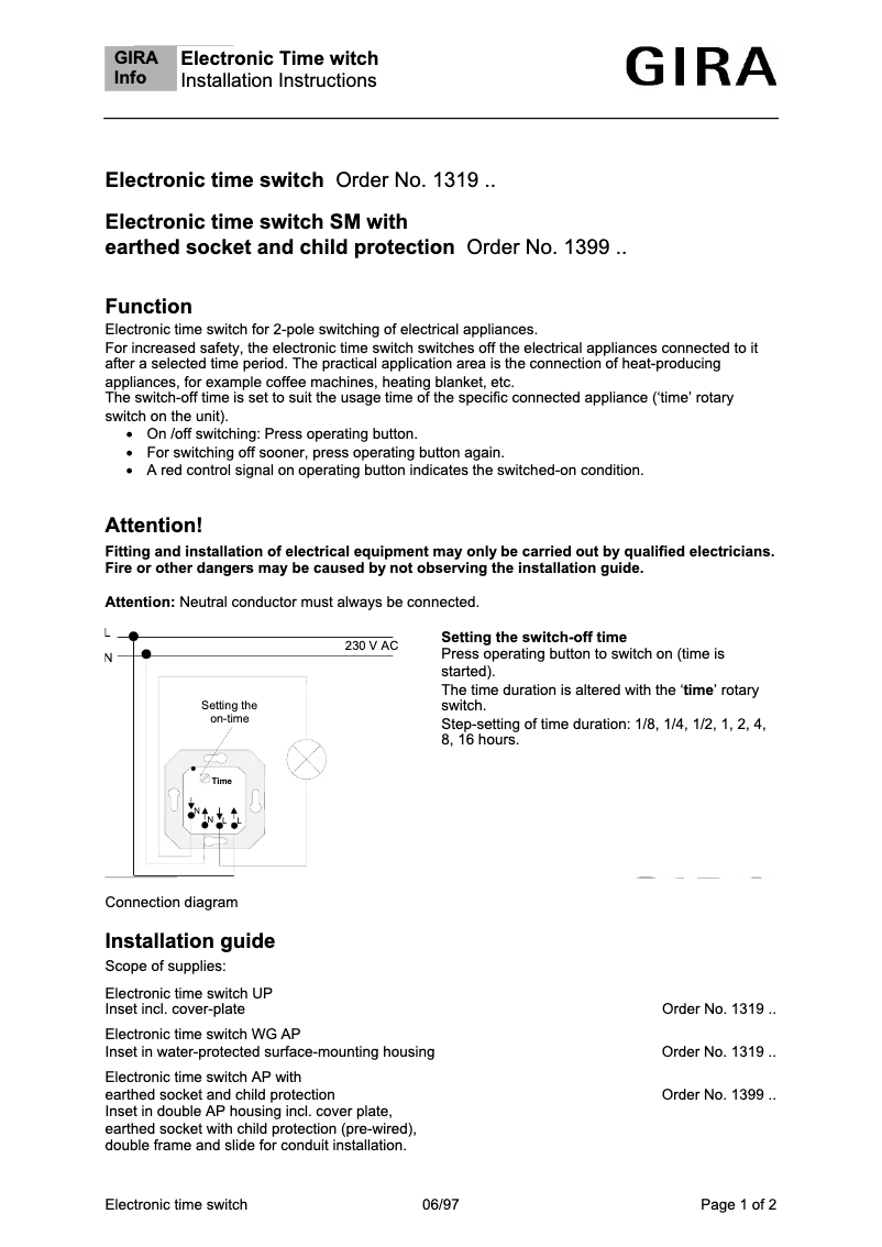 Page 1 de la notice Manuel utilisateur Gira 1399