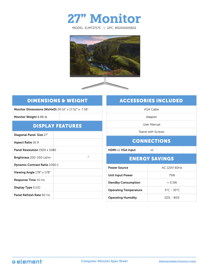 Page 1 de la notice Fiche technique Element ELMT2717C