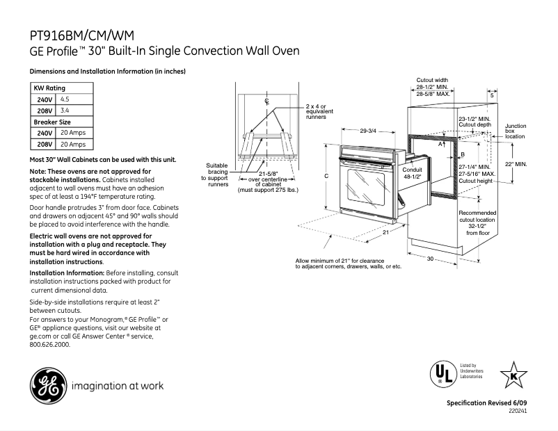 Page n°1 - Fiche technique GE PT916WMWW