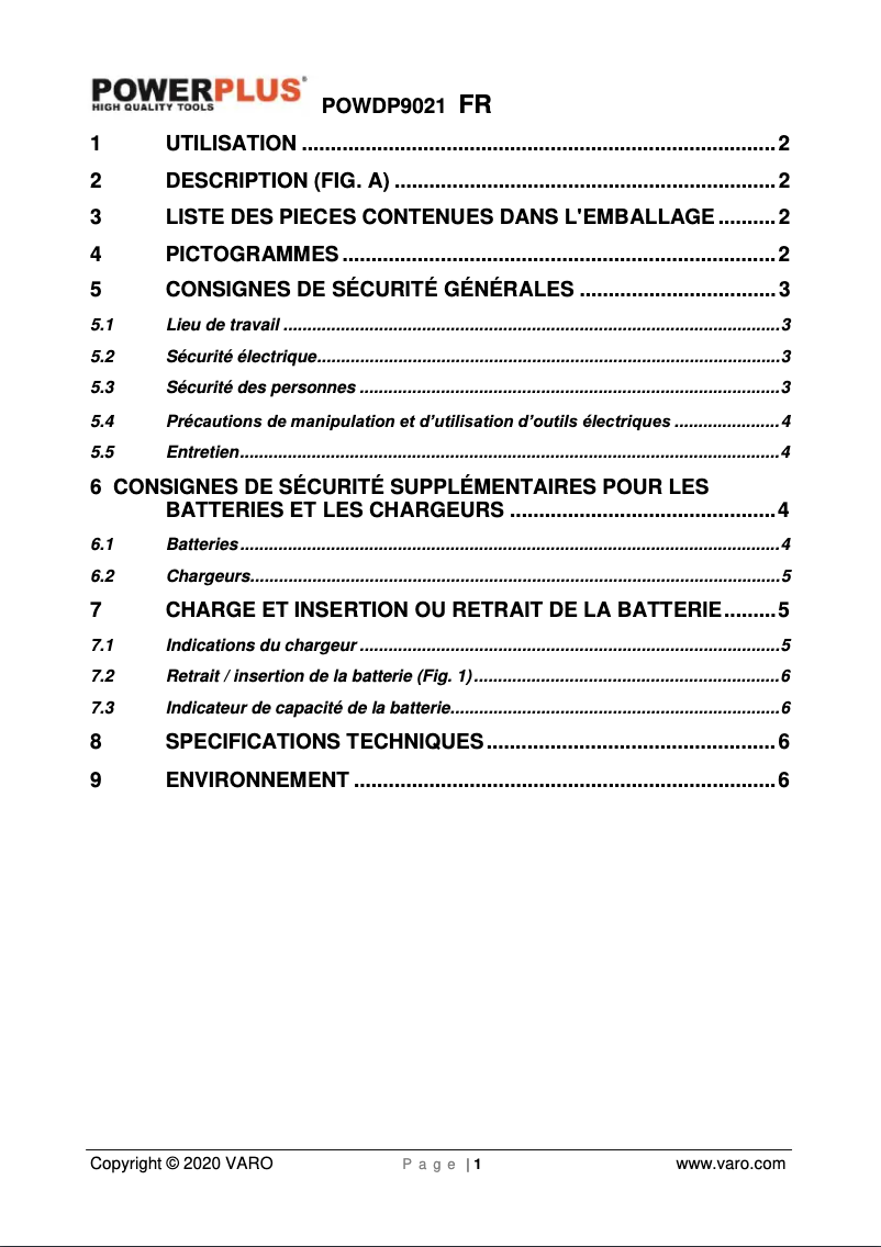 Page 1 de la notice Manuel utilisateur PowerPlus POWDP9021