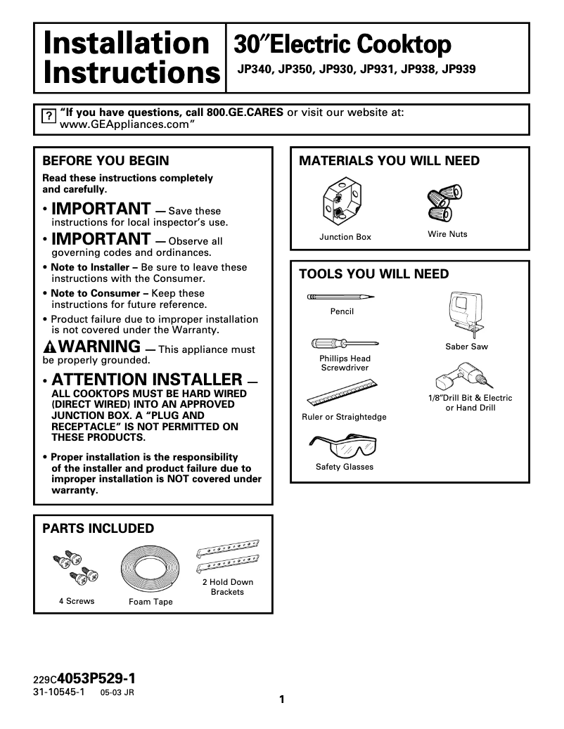 Page 1 of the manual Installation Guide GE Profile JP938BCBB