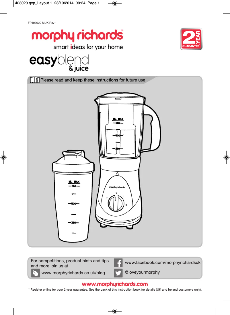 Page 1 de la notice Manuel utilisateur Morphy Richards Easy Blend 403020