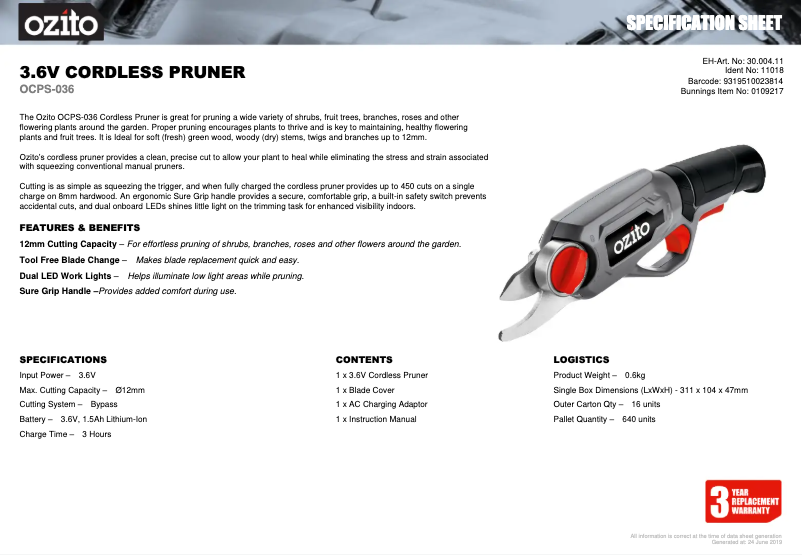 Page 1 de la notice Fiche technique Ozito OCPS-036