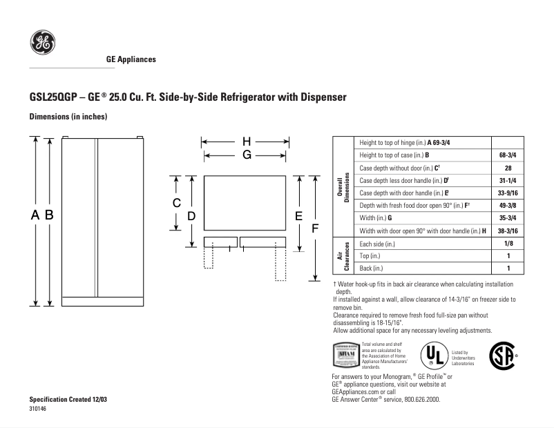 Page n°1 - Fiche technique GE GSL25QGPBS