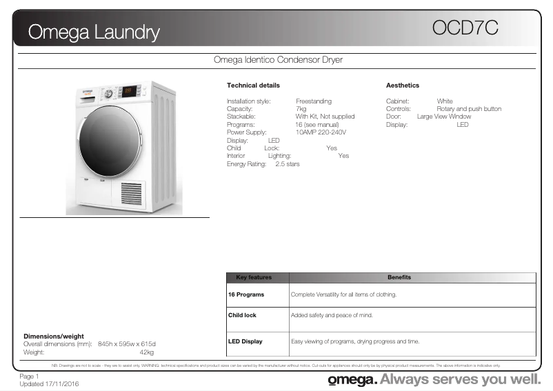Page 1 de la notice Fiche technique Omega OCD7C
