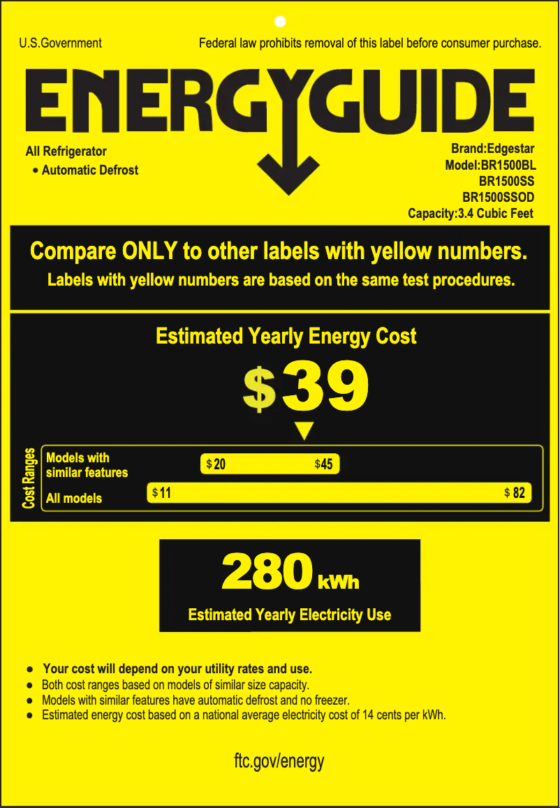 Page 1 de la notice Label énergétique EdgeStar BR1500BL