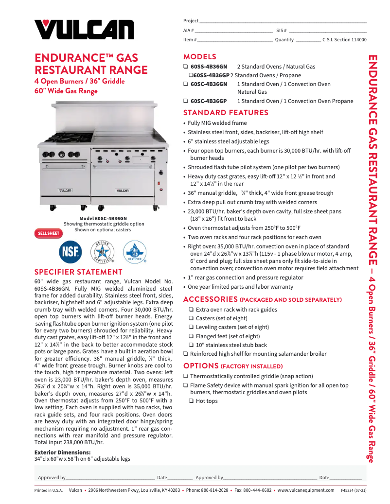 Page 1 de la notice Fiche technique Vulcan 60SS-4B36GT