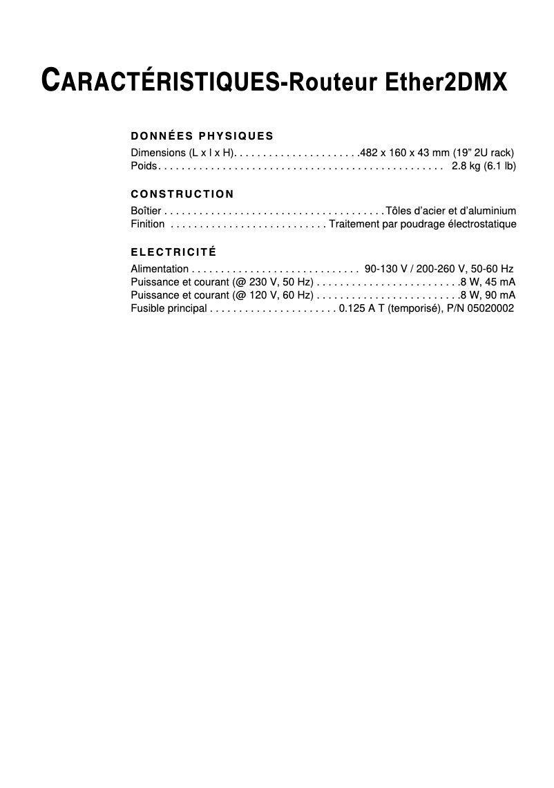 Page 1 de la notice Fiche technique Martin Ether2DMX Router