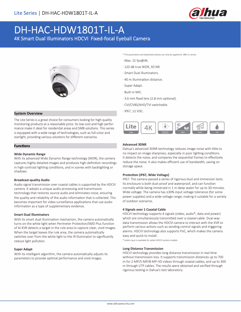 Page 1 de la notice Fiche technique Dahua Technology HAC-HDW1801T-IL-A
