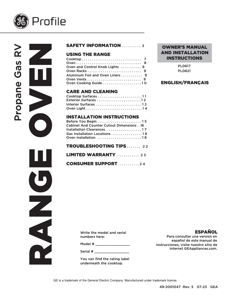 Página 1 del manual Manual de uso y mantenimiento GE Profile PLD621DTBB