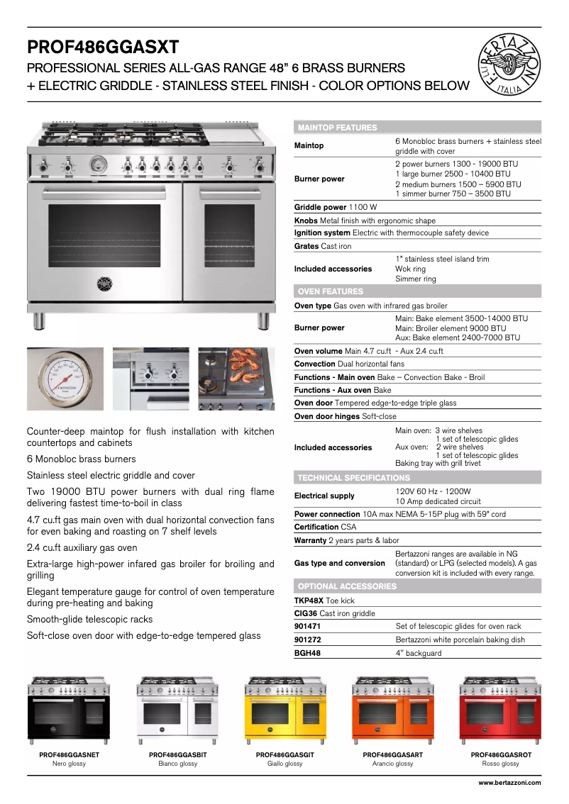 Page 1 de la notice Fiche technique Bertazzoni PROF486GGASNET