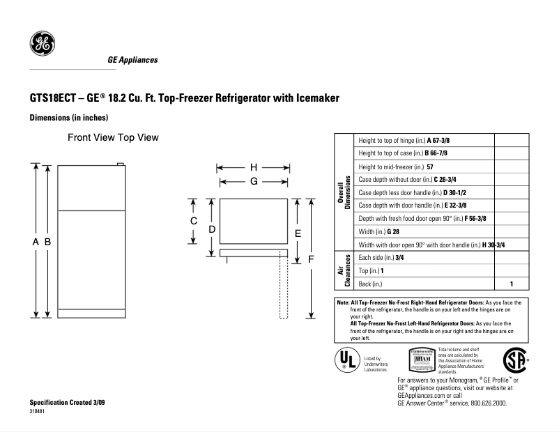 Page 1 de la notice Fiche technique GE GTS18ECTWW