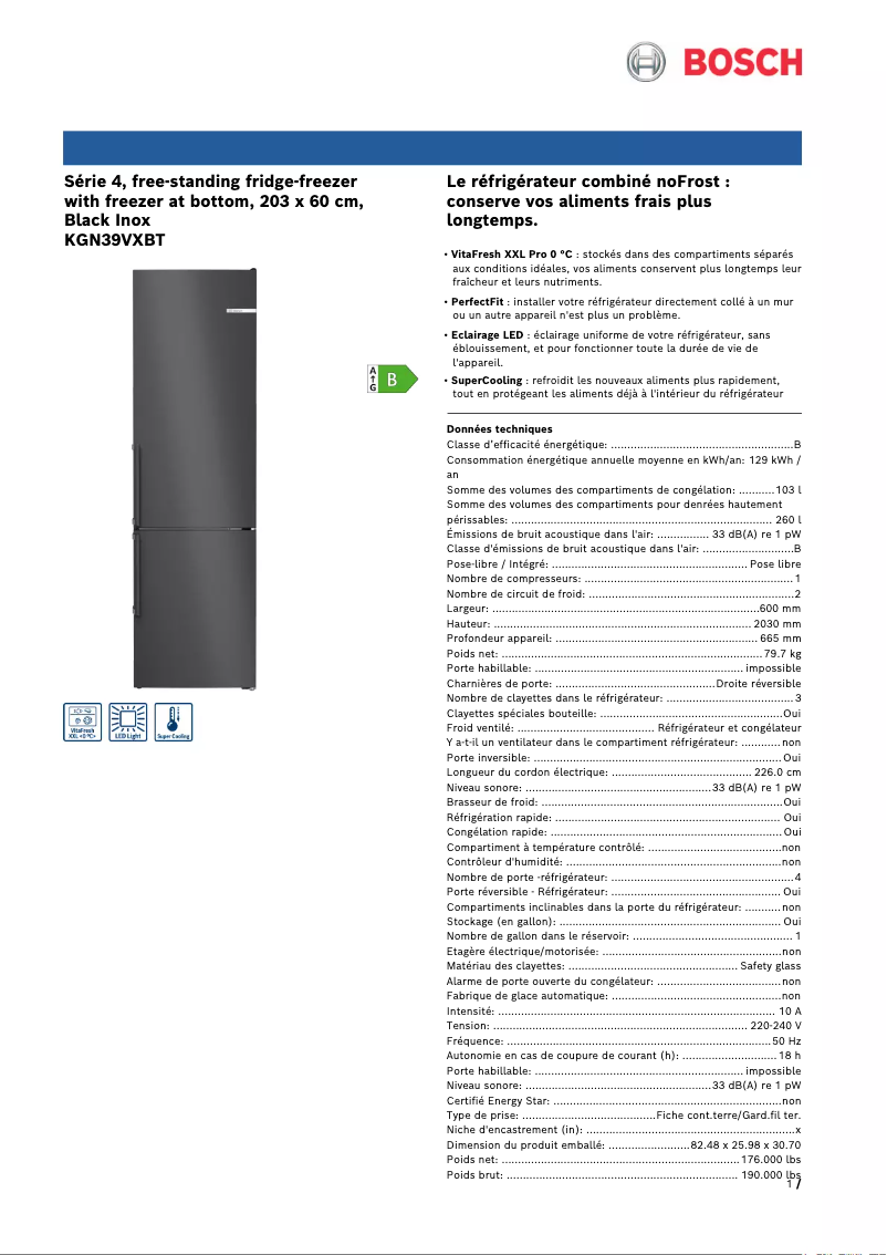 Page 1 de la notice Fiche technique Bosch KGN39VXBT