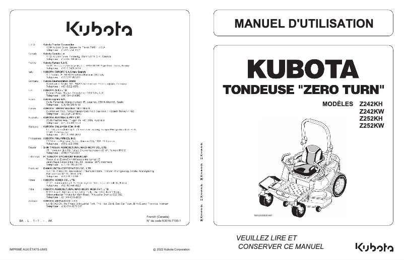 Página 1 del manual Manual de usuario Kubota Z252KW