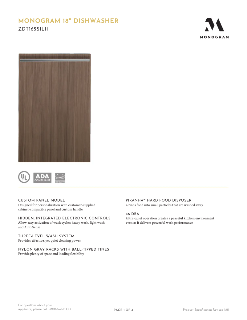 Page n°1 - Fiche technique GE ZDT165SILII