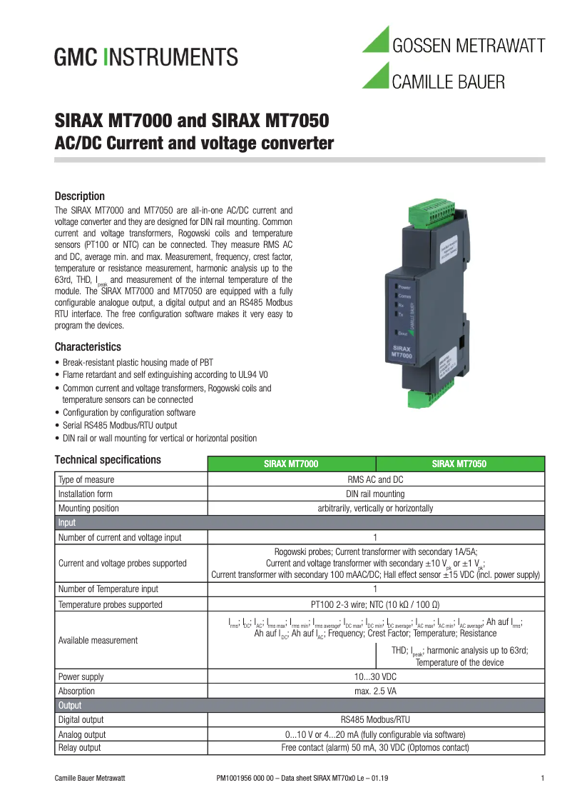 Page 1 of the manual Technical Sheet Camille Bauer SIRAX MT7000