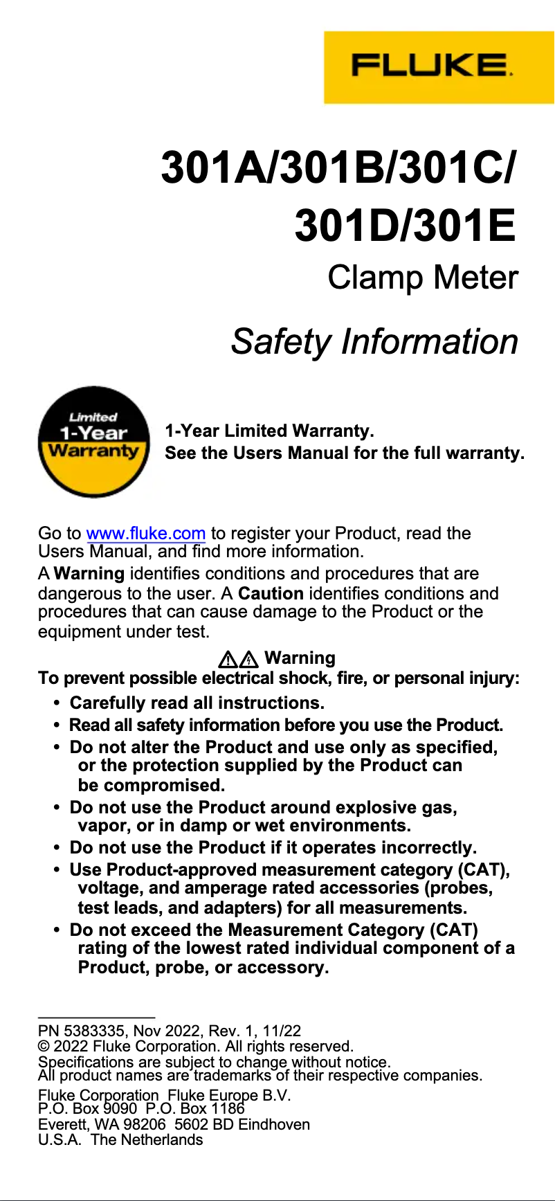 Page 1 of the manual Safety Instructions Fluke 301D