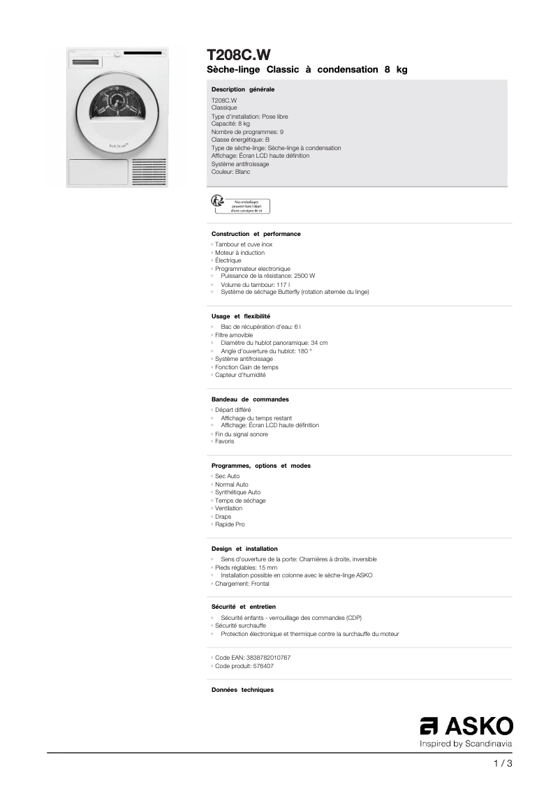 Page 1 de la notice Fiche technique Asko T208CW