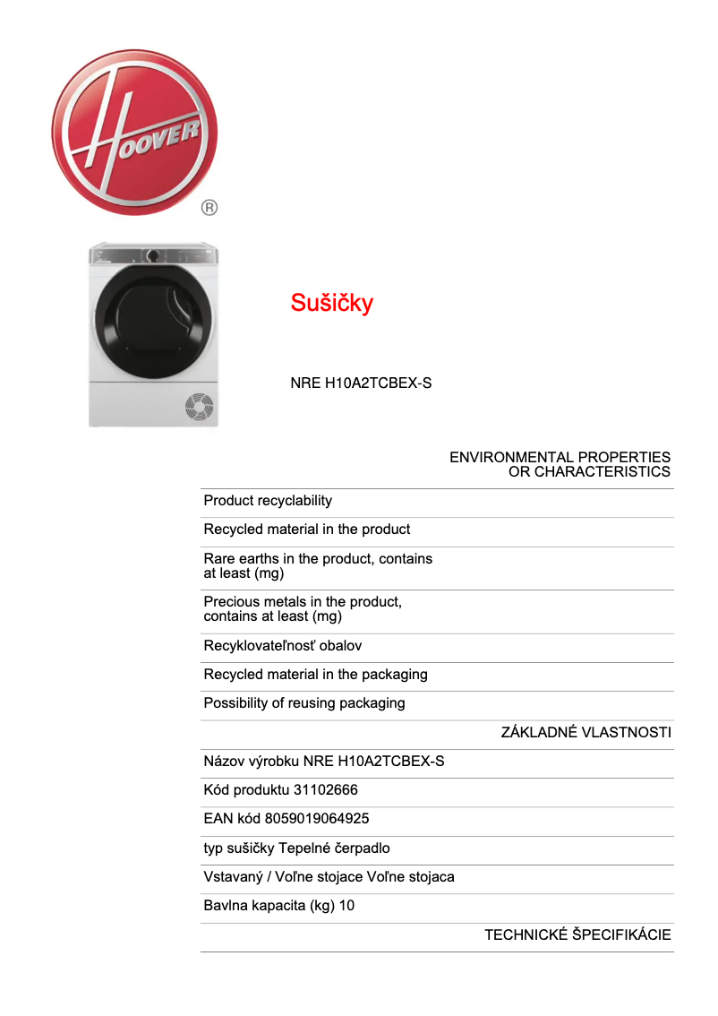 Página 1 del manual Ficha técnica Hoover NRE H10A2TCBEX-S