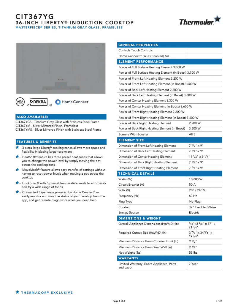 Page 1 de la notice Fiche technique Thermador CIT367YG