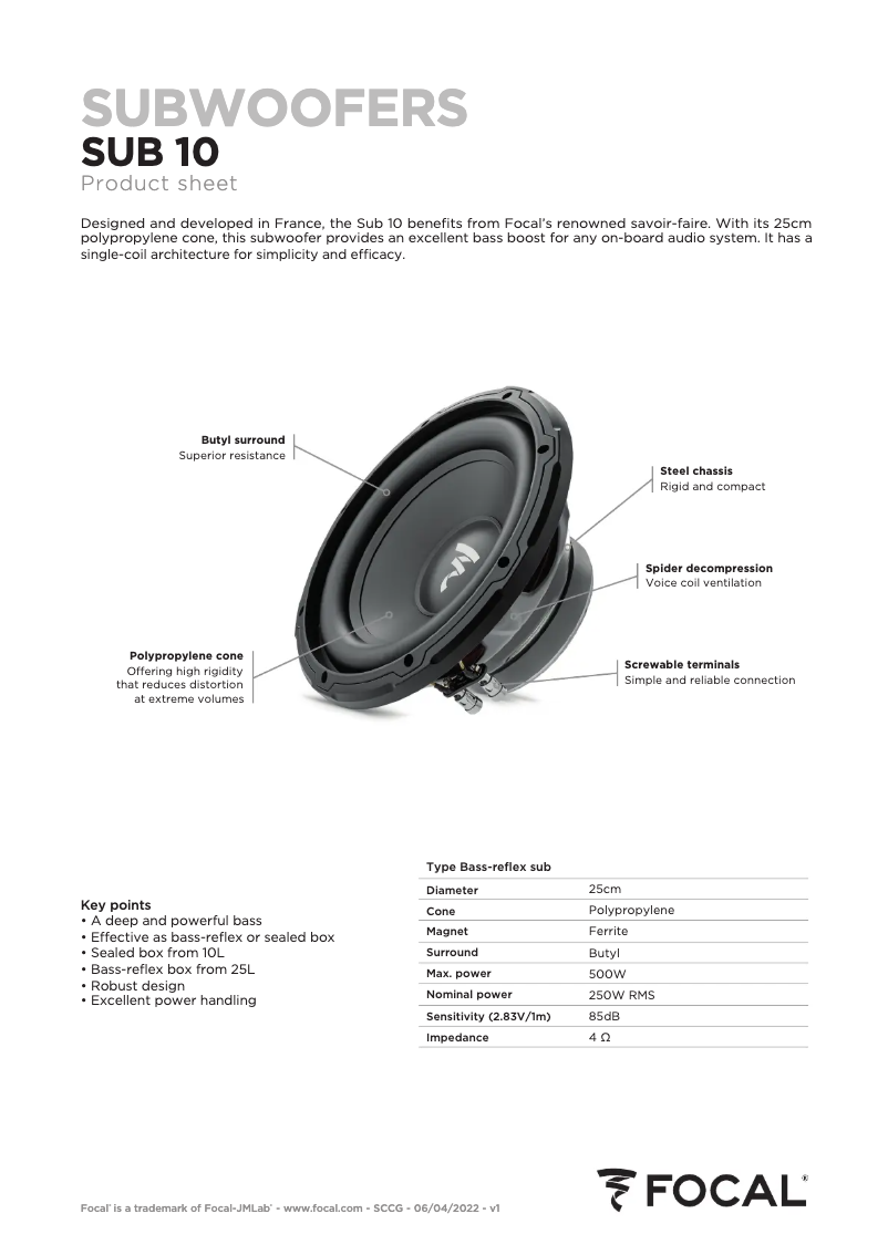 Page 1 de la notice Mode d'emploi Focal Sub 10