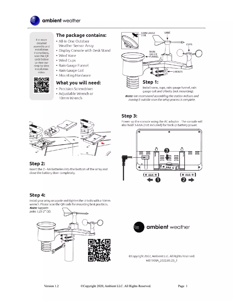 Page 1 de la notice Manuel utilisateur Ambient Weather WS-1900A