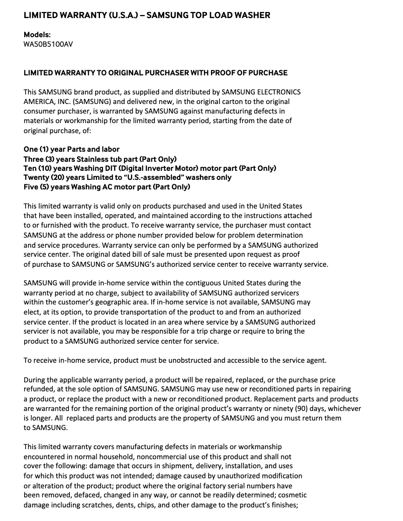 Página 1 del manual Información de garantía Samsung WA50B5100AV