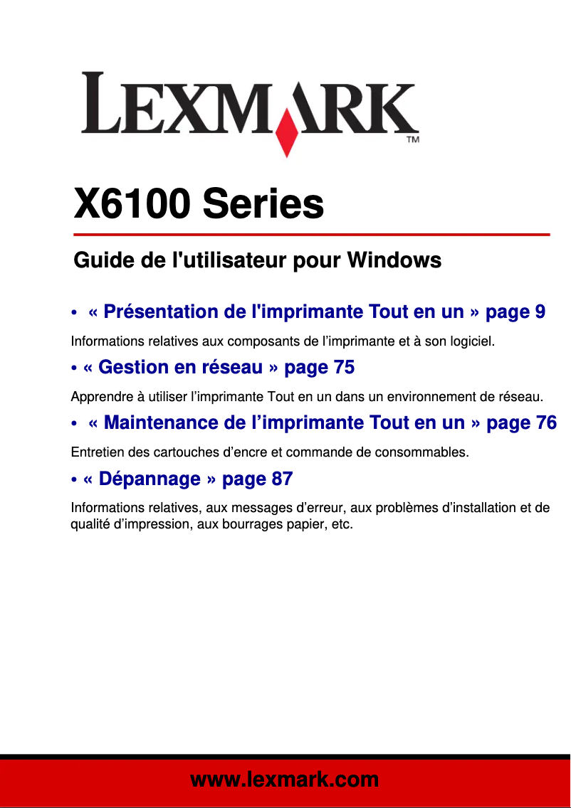 Page 1 de la notice Manuel utilisateur Lexmark X6100
