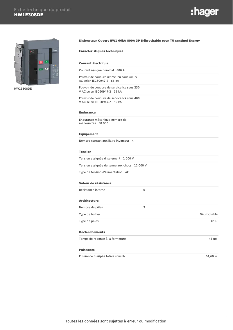Página 1 del manual Ficha técnica Hager HW1E308DE