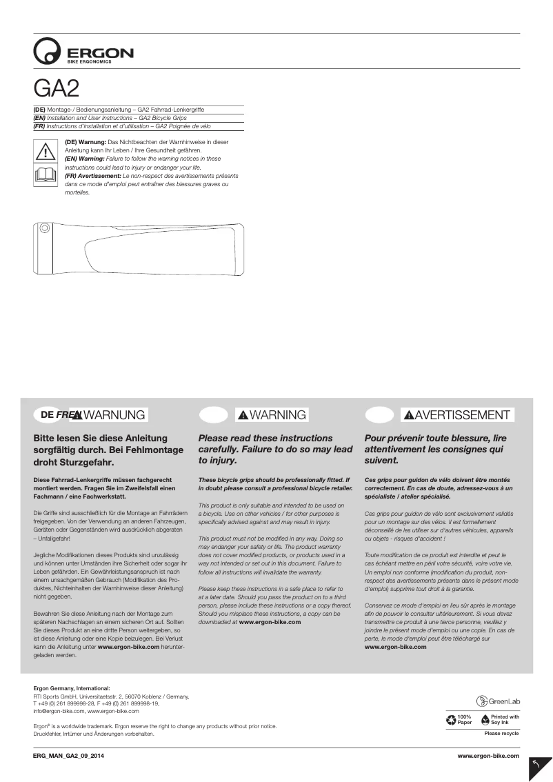 Page 1 de la notice Manuel utilisateur Ergon GA2