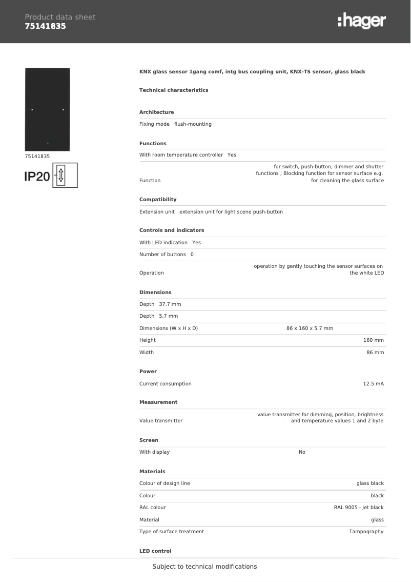 Page 1 de la notice Fiche technique Hager 75141835
