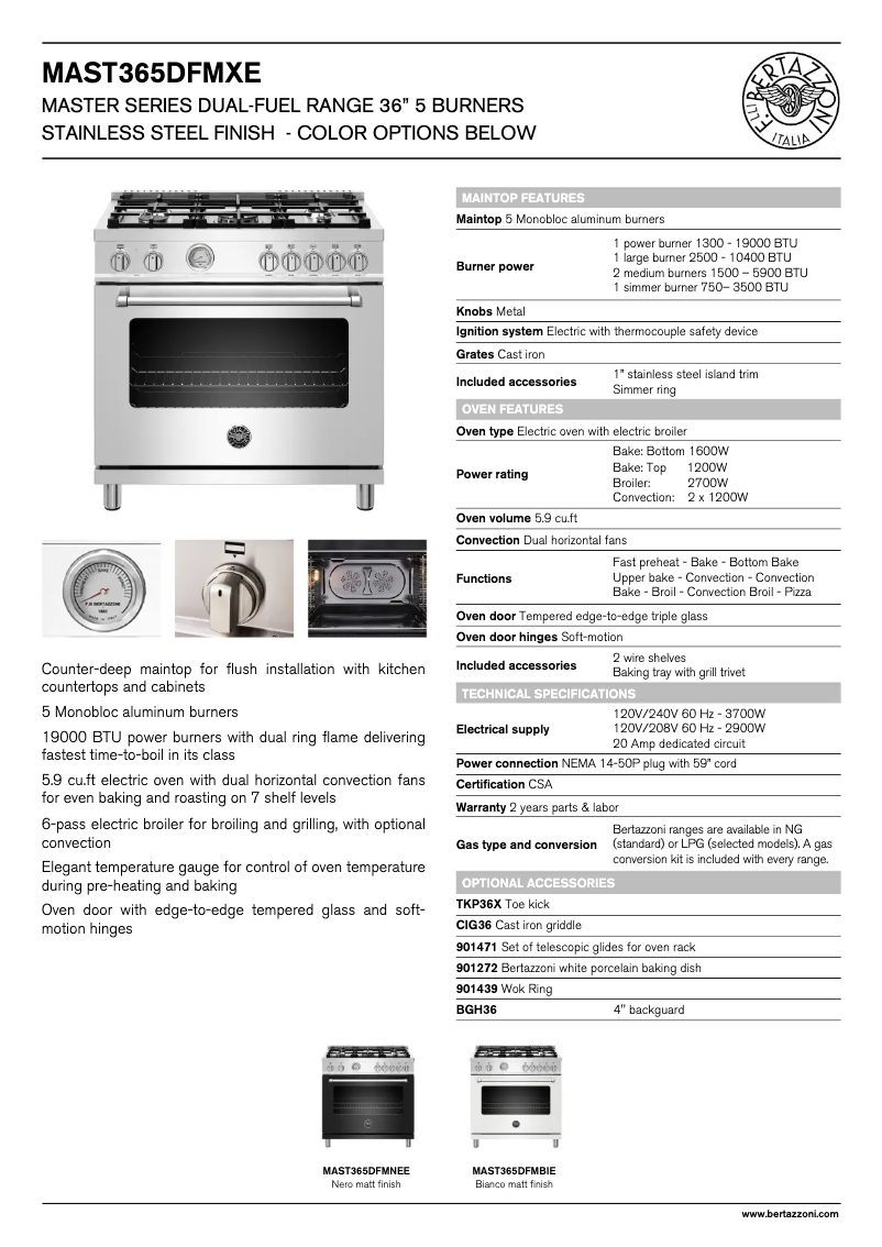 Page 1 de la notice Fiche technique Bertazzoni MAST365DFMXE