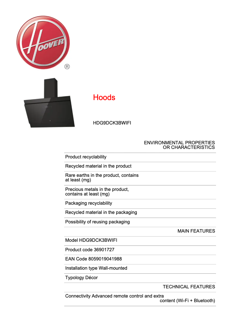 Page 1 de la notice Fiche technique Hoover H-HOOD 300 HDG9DCK3BWIFI