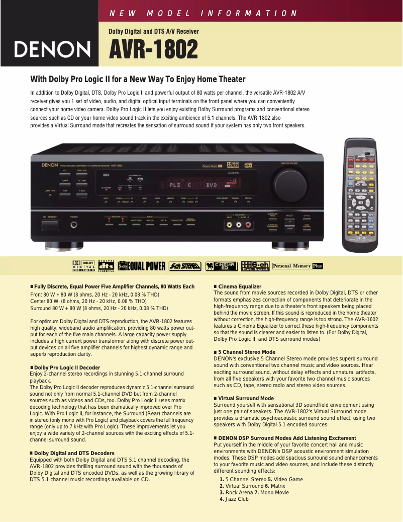 Page 1 de la notice Fiche technique Denon AVR-1802