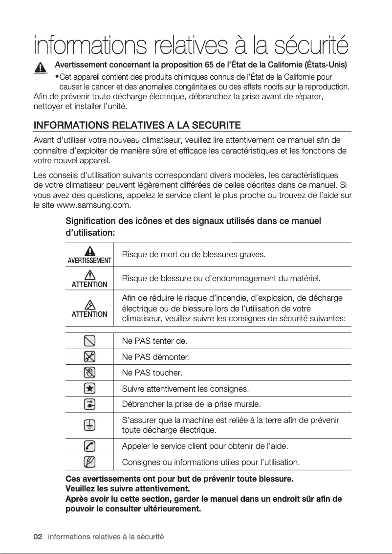 Page 1 de la notice Manuel utilisateur Samsung AC026FB1DEH