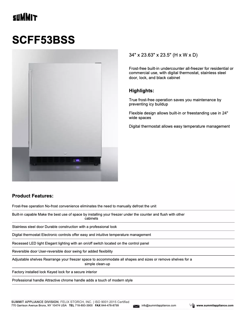 Page 1 de la notice Fiche technique Summit SCFF53BSS