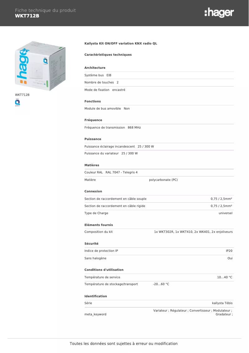 Page 1 de la notice Fiche technique Hager WKT712B