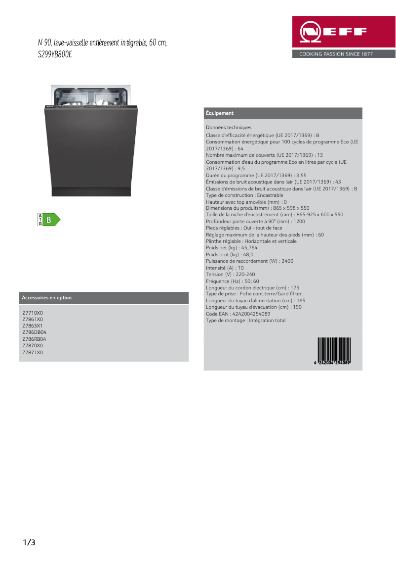 Page 1 of the manual Technical Sheet Neff S299YB800E