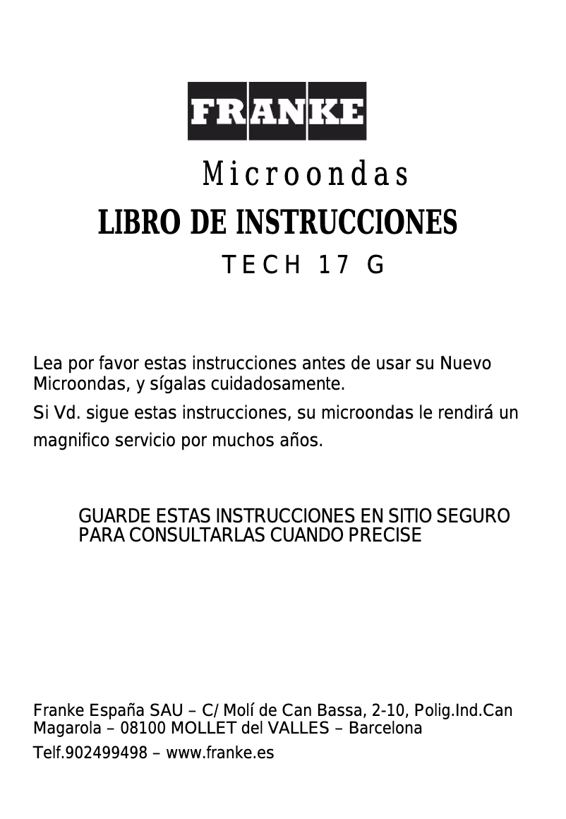 Page 1 de la notice Manuel utilisateur Franke TECH 17 G