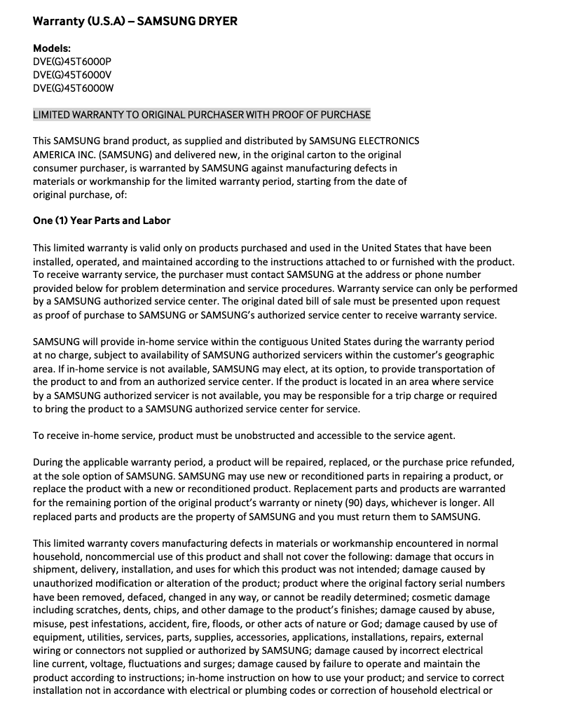 Page 1 de la notice Informations de garantie Samsung DVE45T6000V