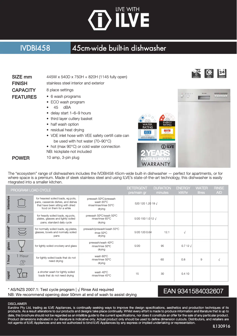 Page 1 de la notice Fiche technique Ilve IVDBI458