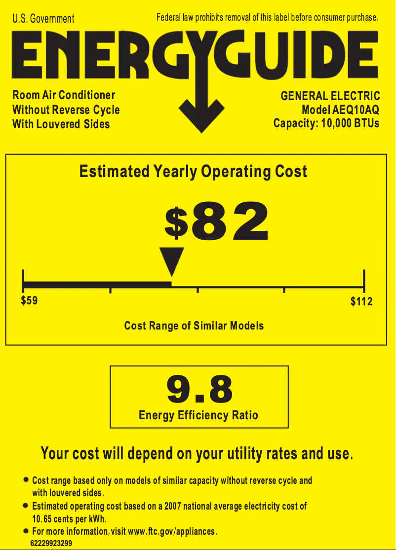 Page 1 of the manual Energy Label GE AEQ10AQ