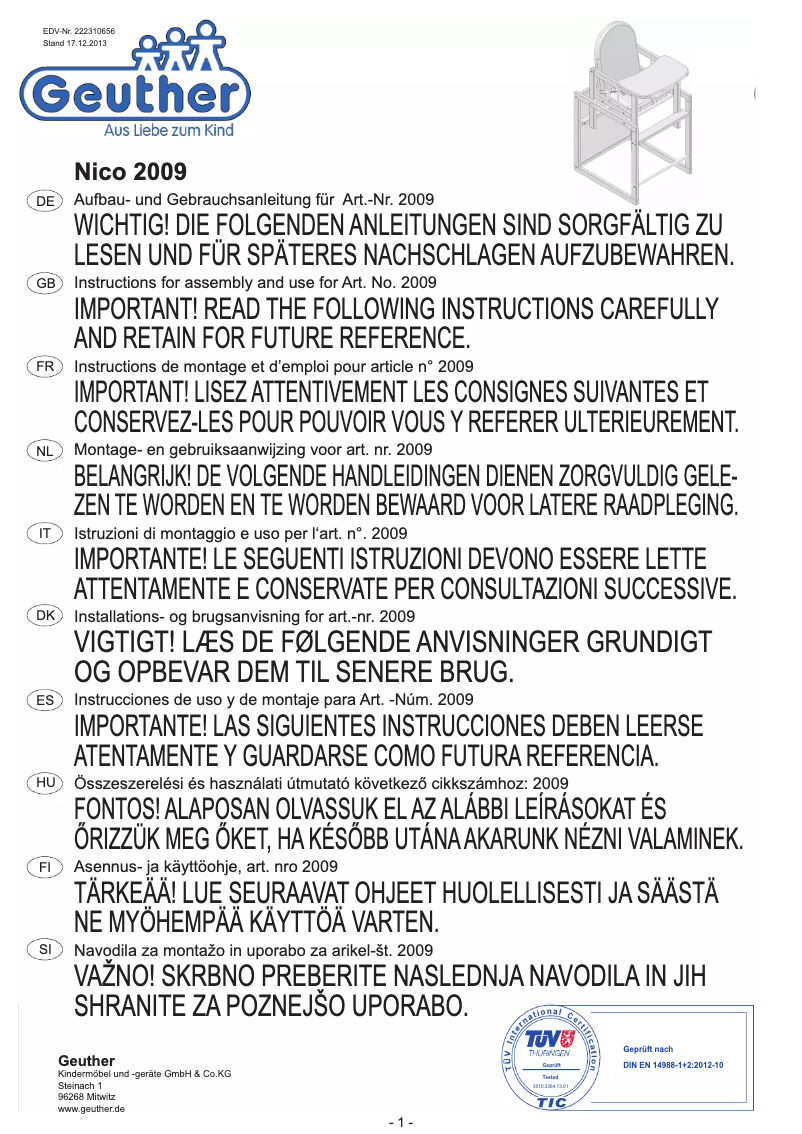 Page 1 de la notice Manuel utilisateur Geuther Nico