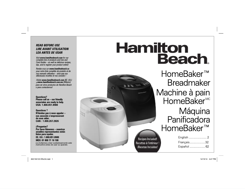 Página 1 del manual Manual de instrucciones Hamilton Beach Home Baker 29881
