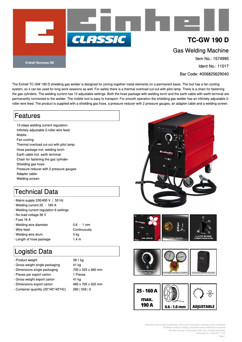Page 1 de la notice Fiche technique Einhell TC-GW 190 D