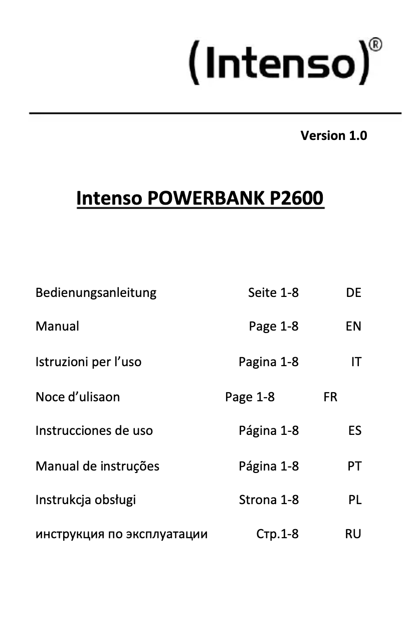 Página 1 del manual Manual de usuario Intenso Powerbank P2600