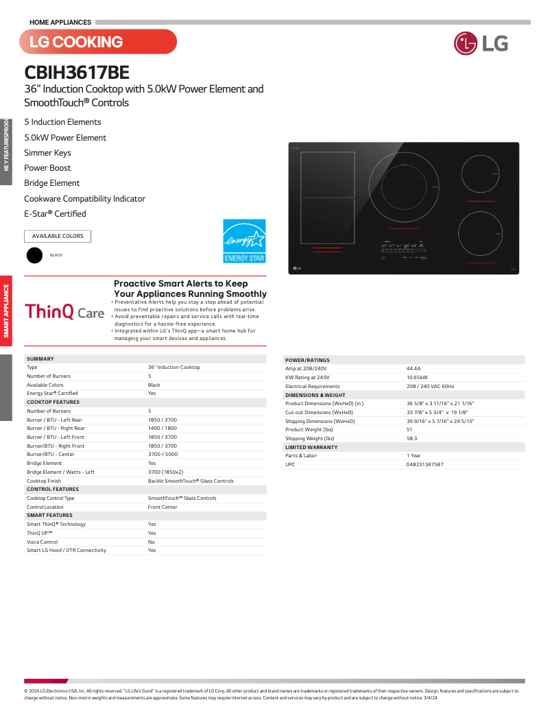 Page 1 de la notice Fiche technique LG CBIH3617BE